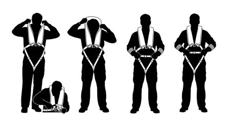 Black Solid Pilot Life Vest Silhouettes Set of Six isolated on plain white background.のイラスト素材