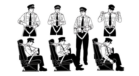 Black Solid Pilot Seatbelt Silhouettes Set of Six isolated on plain white background.のイラスト素材