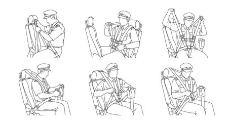 Black Solid Pilot Seatbelt Silhouettes Set of Six isolated on plain white background.のイラスト素材