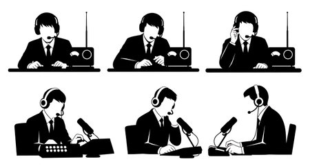 Black Solid Radio Operator Communication Silhouettes Set of Six isolated on plain white background.のイラスト素材