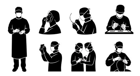 Black Solid Plastic Surgeon Cosmetic Procedure Silhouettes Collection on White Background isolated on plain white background.のイラスト素材