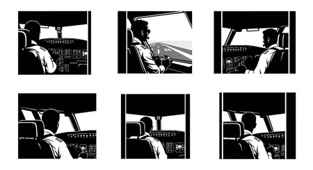 Black Solid Pilot Runway View Silhouettes Set of Six isolated on plain white background.のイラスト素材