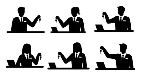 Black Solid Rental Car Agent Silhouettes Set of Six isolated on plain white background.のイラスト素材