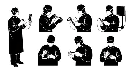 Black Solid Shoulder Arthroscopy Surgeon Silhouettes Set of Six on White Background isolated on plain white background.のイラスト素材