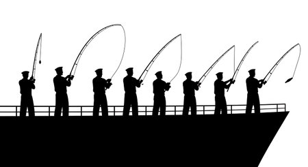 Black Solid Sailor Fishing Recreation Silhouettes Set of Six isolated on plain white background.のイラスト素材