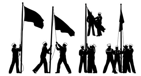Black Solid Sailor Raising Flag Silhouettes Set of Six isolated on plain white background.のイラスト素材
