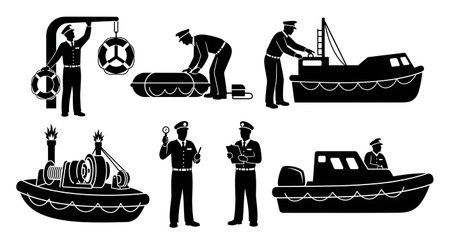 Black Solid Second Officer Safety Silhouettes Set of Six isolated on plain white background.のイラスト素材