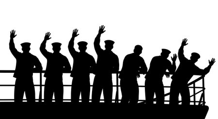 Black Solid Sailor Waving Goodbye Silhouettes Set of Six isolated on plain white background.のイラスト素材