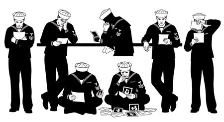 Black Solid Sailor Reading Letter Silhouettes Set of Six isolated on plain white background.のイラスト素材