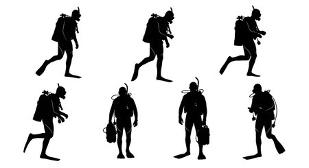 Black Solid Ship Diver Preparation Silhouettes Set of Six isolated on plain white background.のイラスト素材