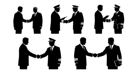 Black Solid Ship Agent Coordination Silhouettes Set of Six isolated on plain white background.のイラスト素材