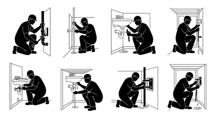 Black Solid Ship Plumber Repair Silhouettes Set of Six isolated on plain white background.のイラスト素材