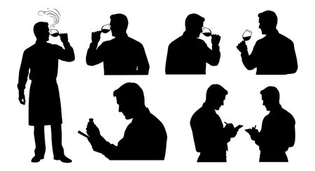 Black Solid Sommelier Tasting Silhouettes Set of Six isolated on plain white background.のイラスト素材