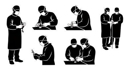 Black Solid Spleen Trauma Repair Surgeon Silhouettes Set of Six on White Background isolated on plain white background.のイラスト素材