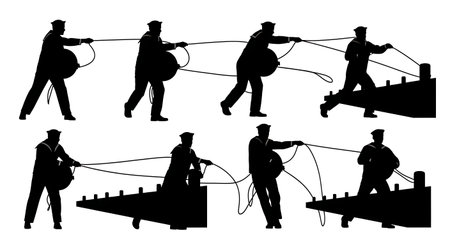 Black Solid Ship Security Guard Silhouettes Set of Six isolated on plain white background.