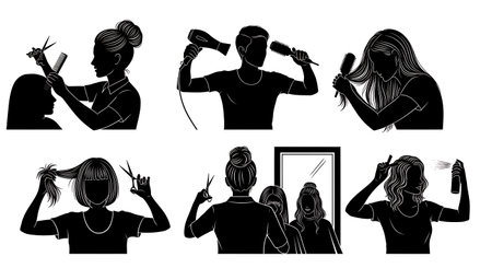 Black Solid Ship Hair Stylist Silhouettes Set of Six isolated on plain white background.のイラスト素材