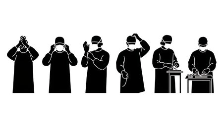 Black Solid Surgeon Preparation Procedure Silhouettes Collection on White Background isolated on plain white background.のイラスト素材