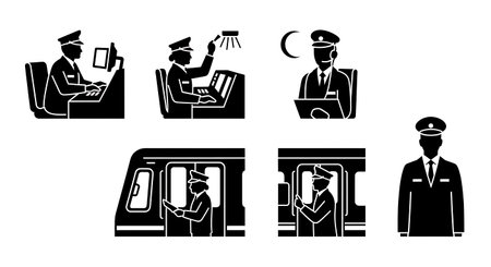 Black Solid Subway Night Shift Driver Silhouettes Collection on White Background isolated on plain white background.のイラスト素材