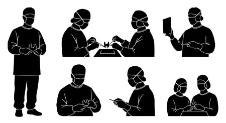 Black Solid Thyroid Surgeon Endocrine Procedure Silhouettes Set of Six on White Background isolated on plain white background.のイラスト素材