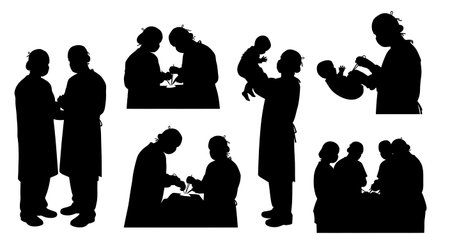 Black Solid Surgeon Cesarean Section Team Silhouettes Collection on White Background isolated on plain white background.のイラスト素材