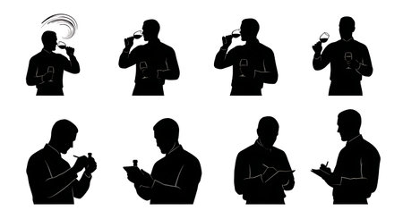 Black Solid Sommelier Tasting Silhouettes Set of Six isolated on plain white background.のイラスト素材