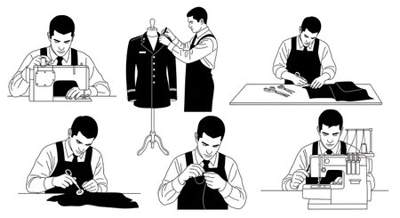 Black Solid Ship Tailor Sewing Silhouettes Set of Six isolated on plain white background.のイラスト素材