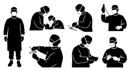 Black Solid Vascular Graft Correction Surgeon Silhouettes Set of Six on White Background isolated on plain white background.のイラスト素材