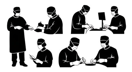 Black Solid Varicose Vein Removal Surgeon Silhouettes Set on White Background isolated on plain white background.のイラスト素材