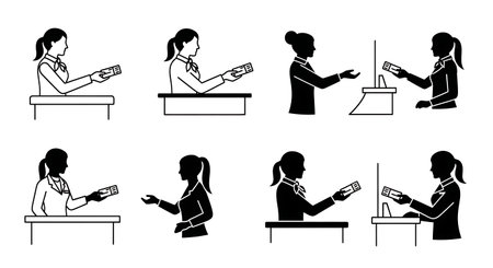 Black Solid Ticketing Agent Silhouettes Set of Six isolated on plain white background.のイラスト素材