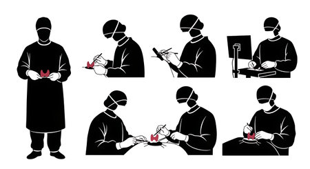 Black Solid Thyroid Tumor Excision Surgeon Silhouettes Set on White Background isolated on plain white background.のイラスト素材