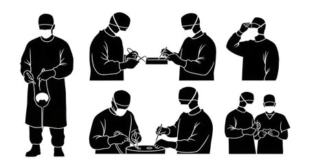 Black Solid Urology Surgeon Bladder Operation Silhouettes Set of Six on White Background isolated on plain white background.のイラスト素材