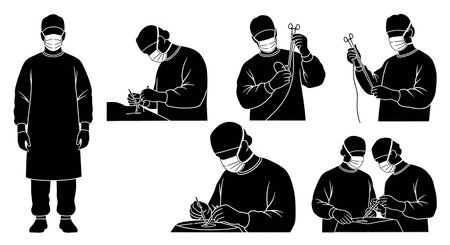 Black Solid Vascular Surgeon Artery Repair Silhouettes Set of Six on White Background isolated on plain white background.のイラスト素材