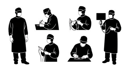 Black Solid Varicose Vein Removal Surgeon Silhouettes Set on White Background isolated on plain white background.のイラスト素材