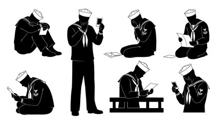 Black Solid Sailor Reading Letter Silhouettes Set of Six isolated on plain white background.のイラスト素材