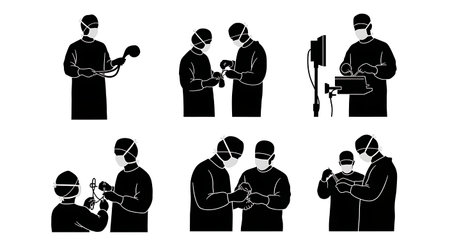 Black Solid Thoracic Aortic Repair Surgeon Silhouettes Set of Six on White Background isolated on plain white background.のイラスト素材