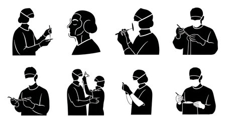 Black Solid Plastic Surgeon Cosmetic Procedure Silhouettes Collection on White Background isolated on plain white background.のイラスト素材
