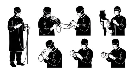 Black Solid Shoulder Arthroscopy Surgeon Silhouettes Set of Six on White Background isolated on plain white background.のイラスト素材