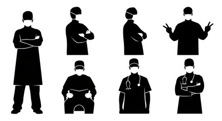 Black Solid Surgeon Professional Pose Silhouettes Set of Six on White Background isolated on plain white background.のイラスト素材