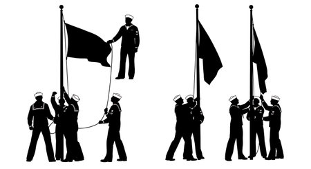 Black Solid Sailor Raising Flag Silhouettes Set of Six isolated on plain white background.のイラスト素材