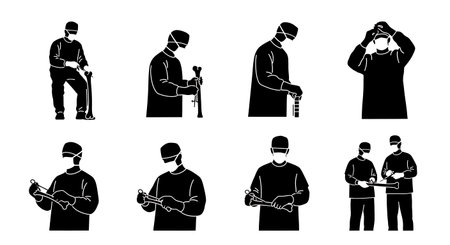 Black Solid Reconstructive Limb Surgeon Silhouettes Collection on White Background isolated on plain white background.のイラスト素材