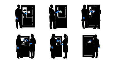 Black Solid Pharmacist Opening Safe Silhouettes Set of Six isolated on plain white background.