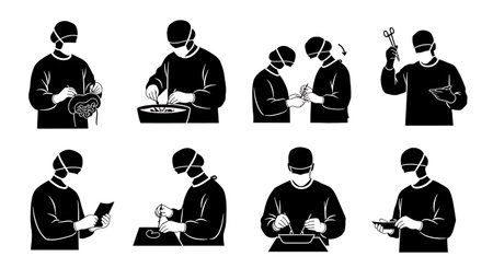 Black Solid Renal Surgeon Kidney Operation Silhouettes Collection on White Background isolated on plain white background.のイラスト素材