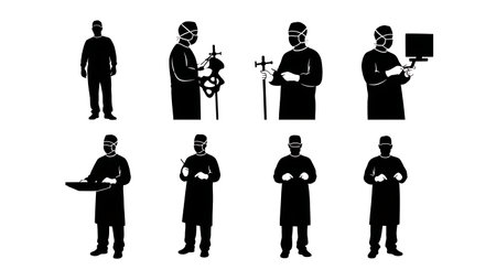 Black Solid Pelvic Reconstruction Surgeon Silhouettes Collection on White Background isolated on plain white background.のイラスト素材