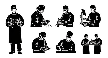 Black Solid Pancreas Transplant Surgeon team Silhouettes Set of Six on White Background isolated on plain white background.のイラスト素材