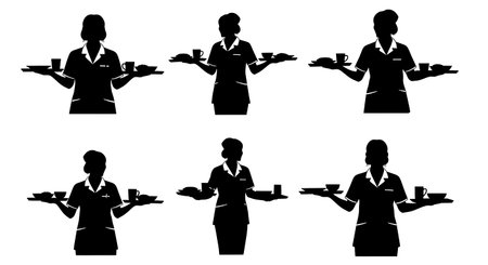 Black Solid Nurse Food Tray Silhouettes Set of Six isolated on plain white background.