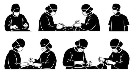 Black Solid Pediatric Surgeon Child Operation Silhouettes Collection on White Background isolated on plain white background.のイラスト素材