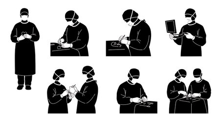 Black Solid Pediatric Cardiac Surgeon Silhouettes Set of Six on White Background isolated on plain white background.のイラスト素材