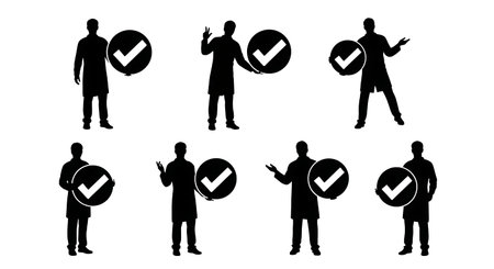 Black Solid Pharmacist Checkmark Sign Silhouettes Set of Six isolated on plain white background.のイラスト素材