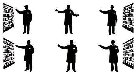 Black Solid Pharmacist Pointing Aisle Silhouettes Set of Six isolated on plain white background.のイラスト素材