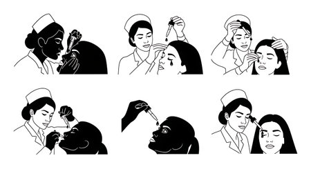 Black Solid Nurse Eye Drops Silhouettes Set of Six isolated on plain white background.のイラスト素材